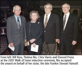 Bill Ross, Thelma Nix, Chris Harris, and Elwood Preiss at the 2001 Walk of Fame induction ceremony. Nix accepted the award on behalf of her sister the late Frankie Stewart Hanswell.
