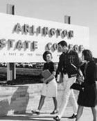 1959 photo of students in front of Arlington State College sign