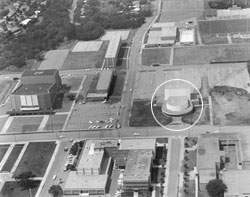 This west-facing aerial view circa 1965 shows the striking resemblance of the Little Theater to a huge commode.
