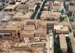 An aerial view of the campus facing east shows the Mainstage Theatre as it is today, surrounded by the Fine Arts Building.