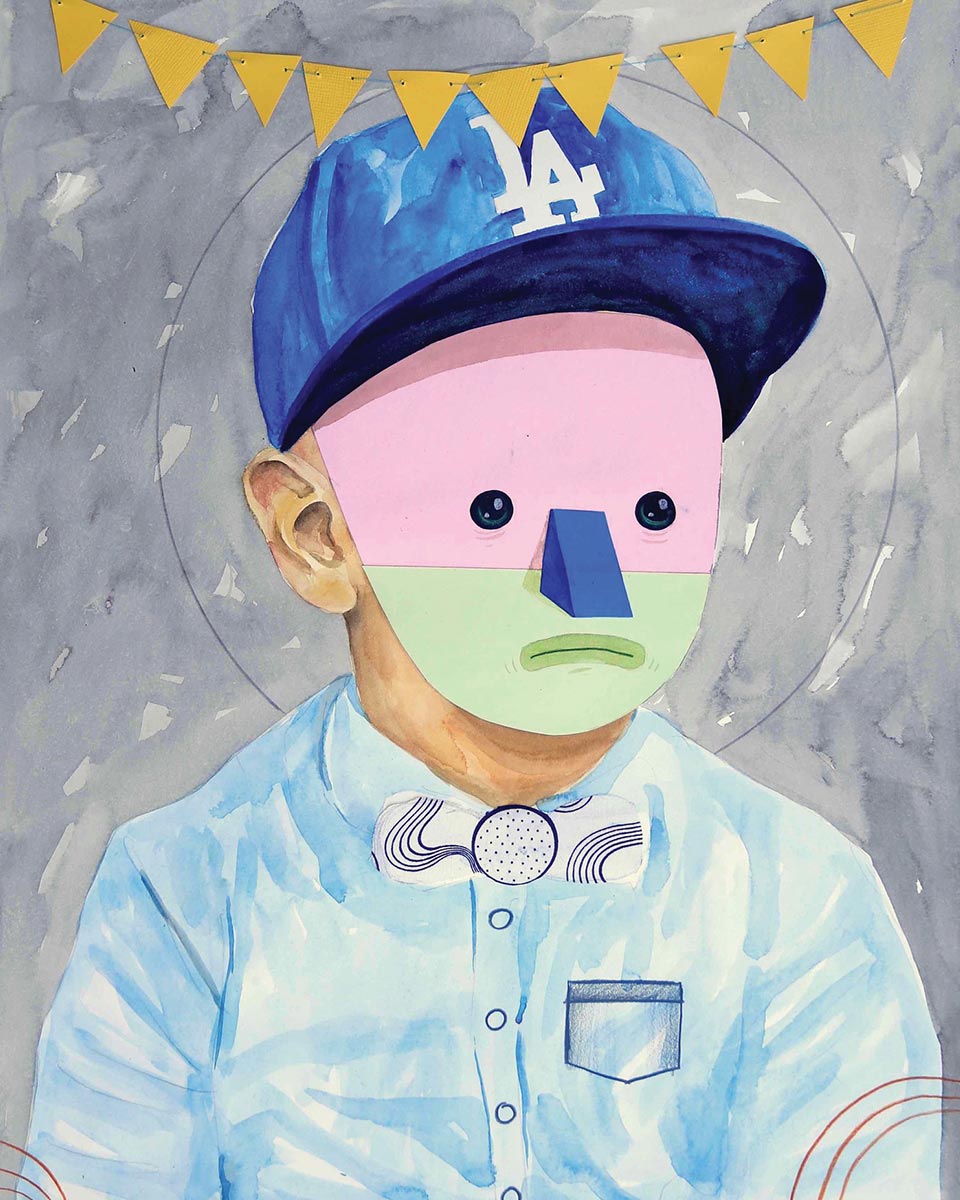 Painting of someone with a LA baseball cap and a green and pink face