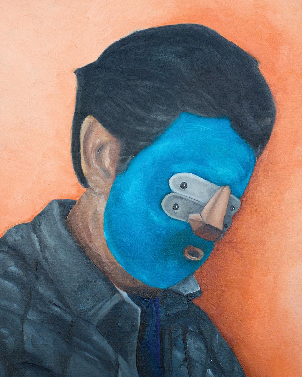Painting of a man with a blue face and two sets of eyes