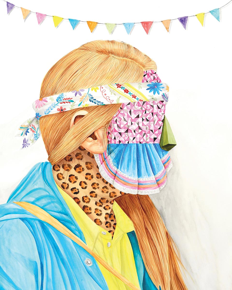 Painting of a woman with leopard print skin and a geometric pattern for a face