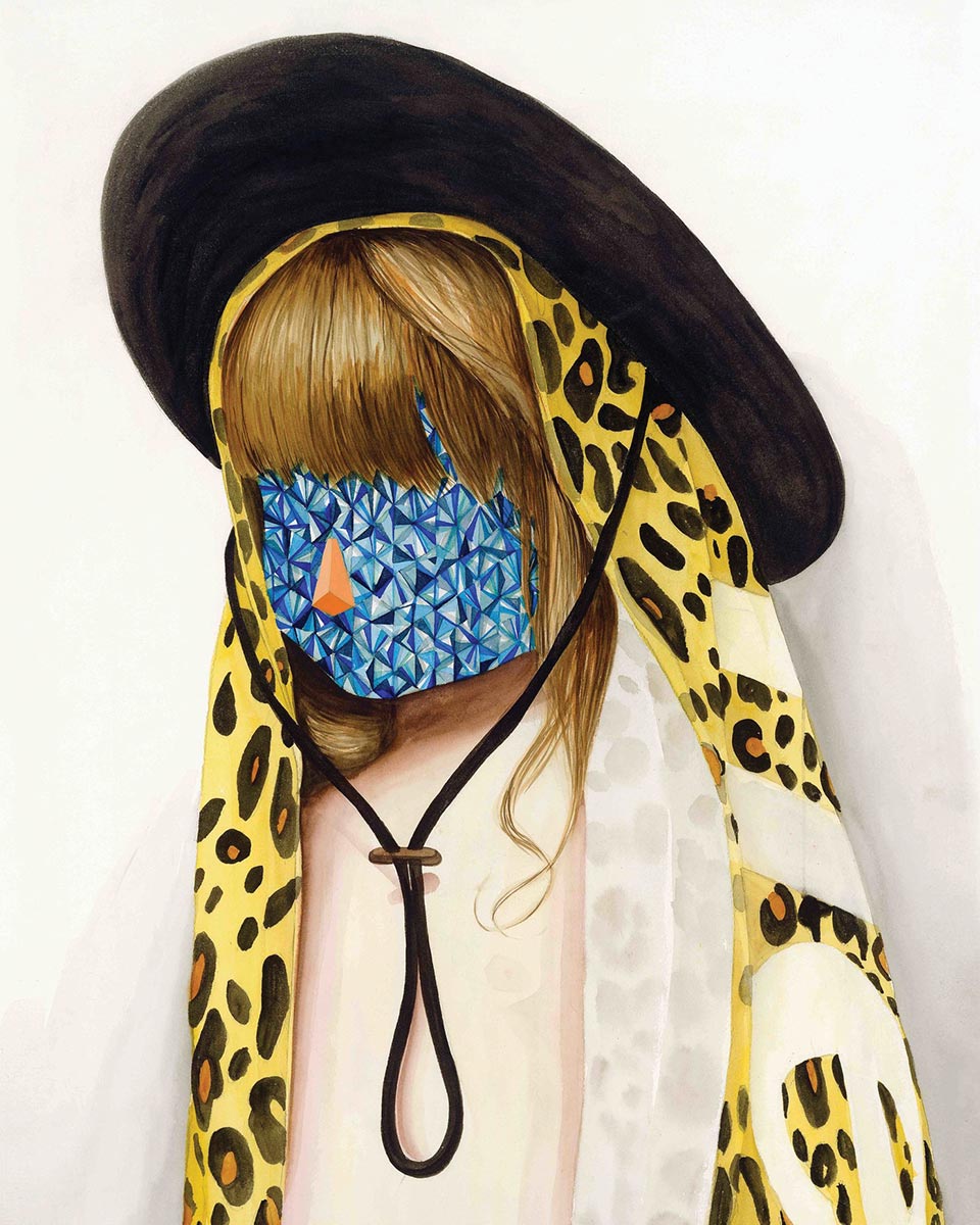 Painting of a girl with a large hat, geometric face and a leopard print veil