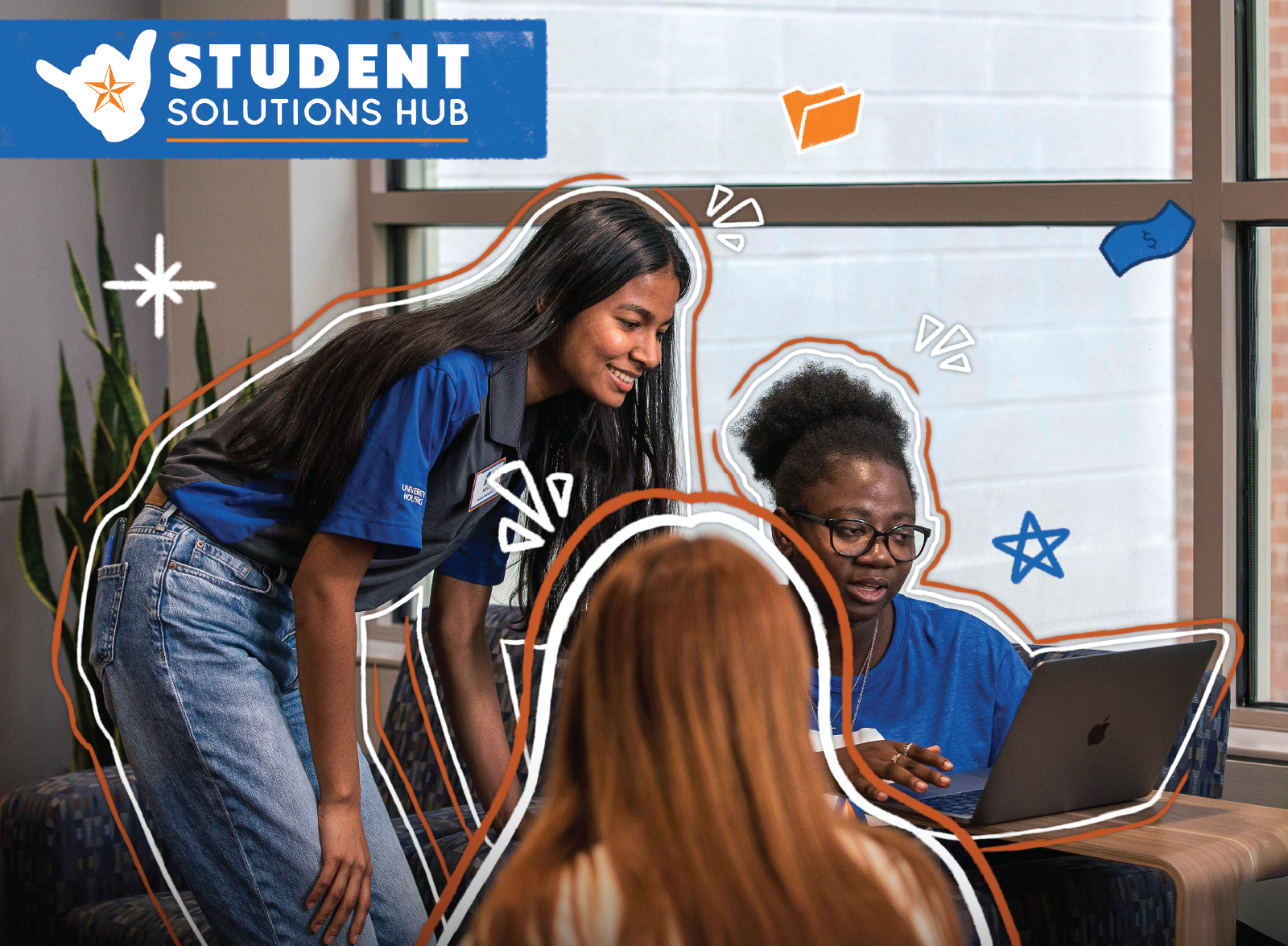 Students pose in front of a UTA Spirit Horse.