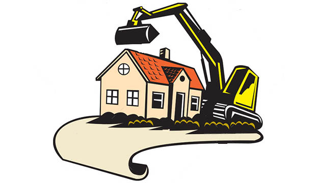 Bulldozer destroying a house