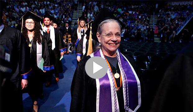 An older woman is among graduates at Commencement ceremonies on May 9-11 at The University of Texas at Arlington.