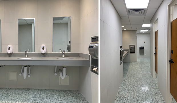 Restrooms were updated in Woolf Hall.