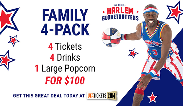 The Family Four-Pack for the Harlem Globetrotters performance June 22 includes four tickets, four drinks, and one large popcorn for $100.