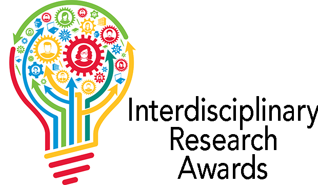 Lighbulb designed with different colors that form images of different aspects of research, such as computers, people, buildings, cogs, wheels, pens.