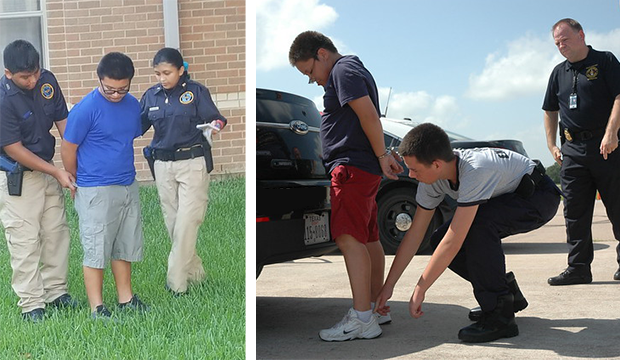 Teenagers in the Texas Law Enforcement Explorers program frisk and handcuff suspects in a training competition.