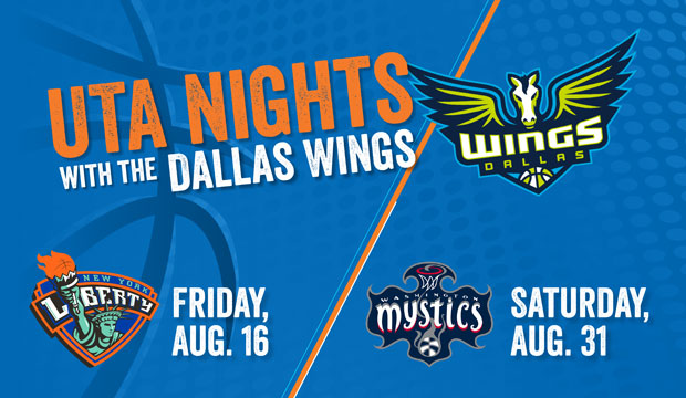UTA Nights with the Dallas Wings graphic with blue background and orange and white type.