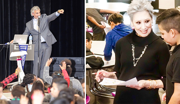 Troy Johnson and Michelle Bobadilla talk about college with fifth graders at Mills Elementary School in Lewisville.