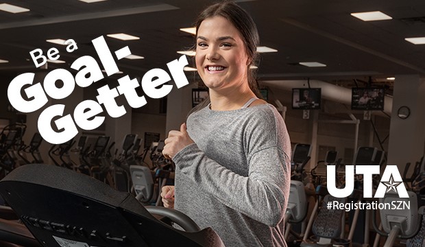 Woman on treadmill. Goal-getter. UTA Registration.