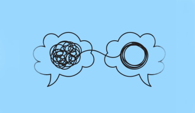 Two quote clouds: one with tangled string connected to relaxed string in the other.