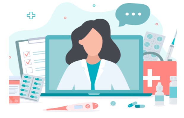 Telemedicine: Drawing of a doctor on a computer screen.