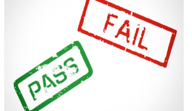 Stamped words "Pass" in green and "Fail" in red