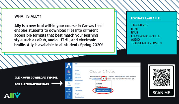 textWhat is Ally? Ally is a new tool within your course in Canvas that enables students to download files into different accessible formats that best match your learning style such as ePub, audio, HTML, and electronic braile. Ally is available to all students Spring 2020!