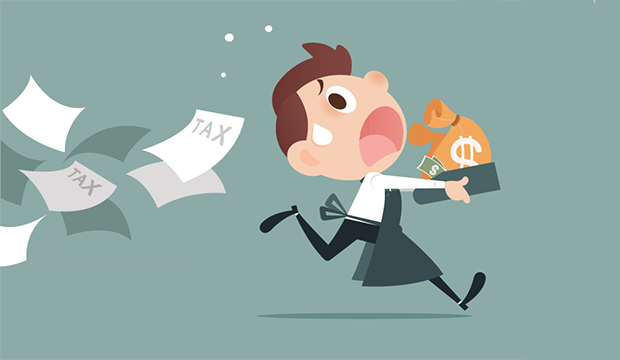 Man running from tax forms