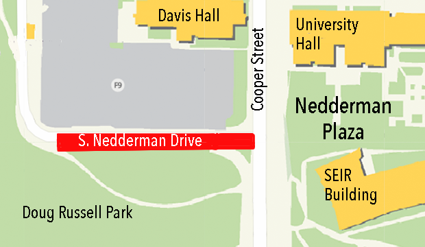 Nedderman Plaza is located between University Hall and the SEIR Building.