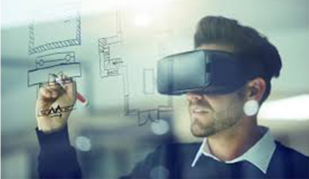 Man wearing virtual reality mask and writing on virtual board.