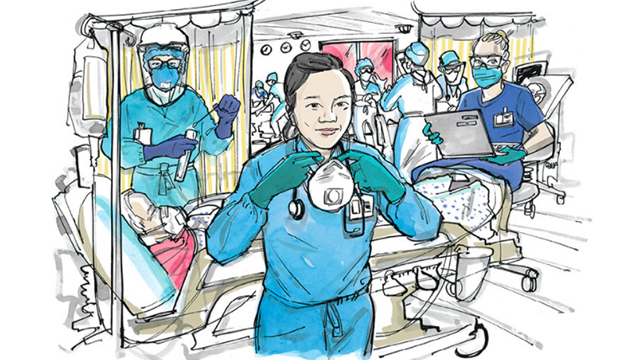 Drawing of nurses, doctors wearing personal protective equipment in emergency room.