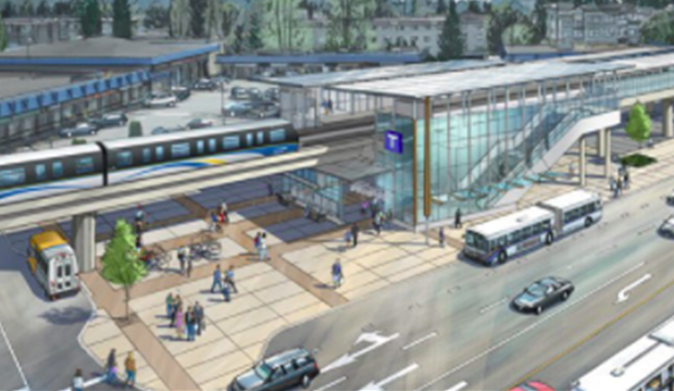 A drawing of an urban area with various transportation options, including bus, light rail, and cars.