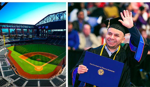 Image of baseball diamond at Globe Life Field on left and a graduate in cap and gown on right.