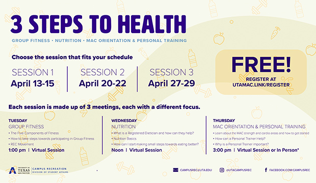3 Steps to Health: Choose the session that fits your schedule. Session 1 April 13-15. Session 2 April 20-22. Session 3 April 27-29. Each session is made up of 3 meetings, each with a different focus. Tuesday, Group Fitness, 1 p.m., virtual. Wednesday, Nutrition, noon virtual. Thursday, MAC Orientation & Personal Training, 3 p.m. virtual or in-person. FREE. Register at utamac.link/register.