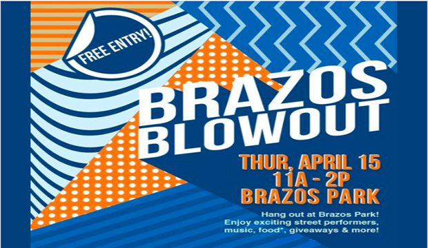 Brazos Blowout, Thursday, April 15, 11 a.m.-2 p.m., Brazos Park. Hang out at Brazos Park! Enjoy exciting street performers, music, food, giveaways, and more! Free entry.