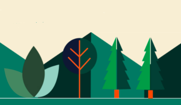 Graphic of green trees and plant by a mountain