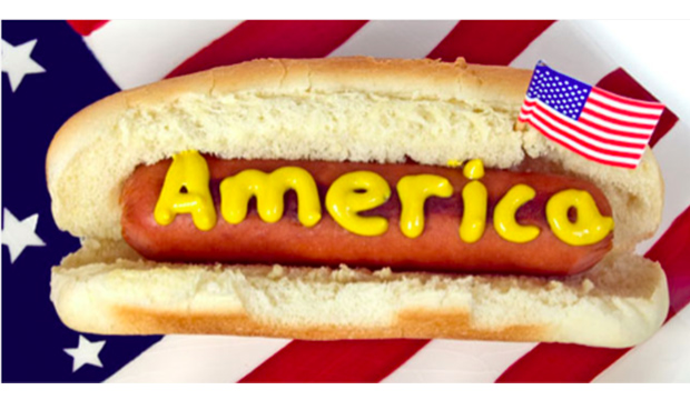 'America' written in mustard on a hot dog.