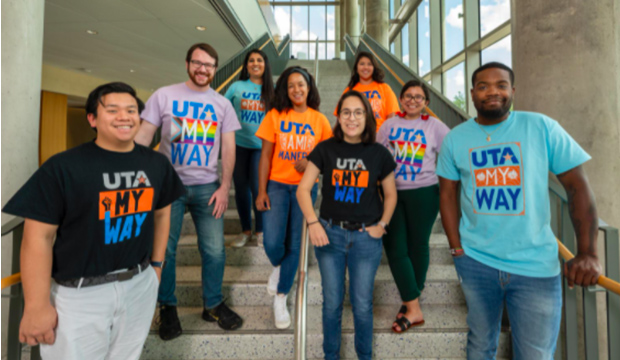 Students wearing shirts of different colors that say "UTA My Way."