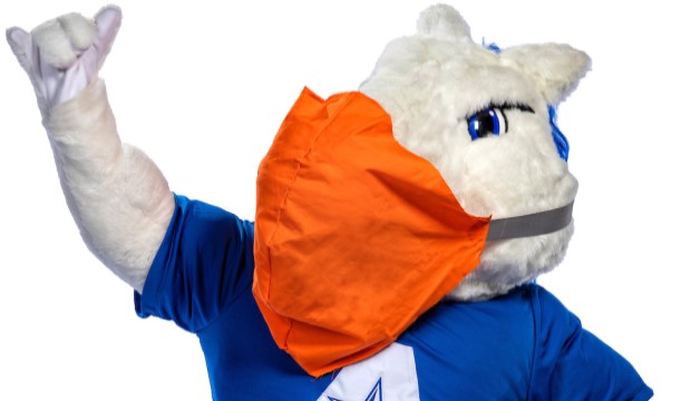 UTA mascot Blaze wearing an orange face mask and giving the UTA hand sign.