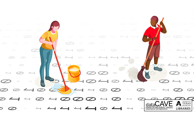 Data Cleaning. Graphic of two people mopping a floor of binary codes.