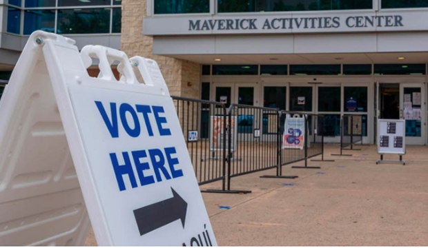 Vote Here sign in front of Maverick Activities Center.