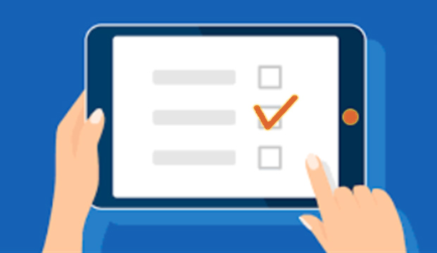 Graphic of woman's hands completing an online survey on a tablet.