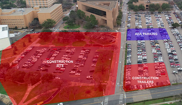 Construction area for new School of Social Work and the Smart Hospital.