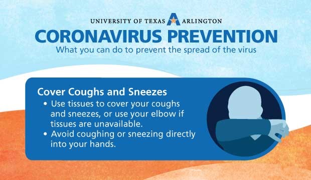 Coronavirus Prevention: Cover Coughs and Sneezes. Use tissues to cover your coughs and sneezes, or use your elbow if tissues are unavailable. Avoid coughing or sneezing directly into your hands.