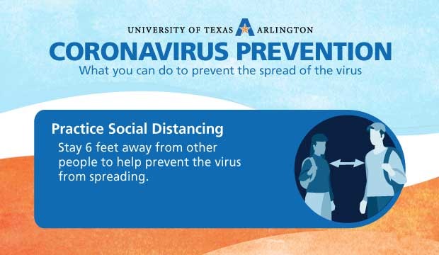 Coronavirus Prevention: Pratice Social Distancing: Stay 6 feet away from other people to help preent the virus from spreading.