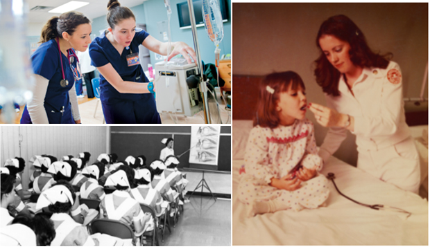 Three photos: A nursing class in the 1960s, a nurse taking the temperature of a child in the 1970s, and two nurses checking an IV machine in the 2010s.