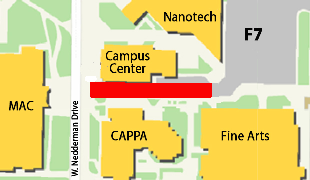 Map showing where driveway between CAPPA building and Campus Center is blocked, off of West Nedderman Drive.