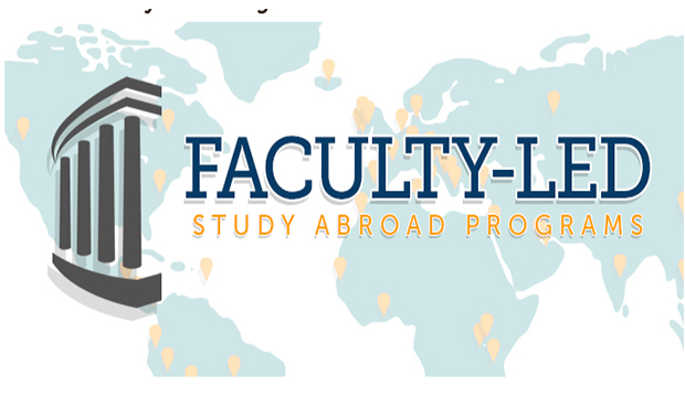 a flat map of the world in light blue with the text "Faculty-Led Study Abroad Programs"