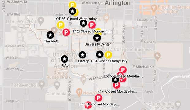Map showing UTA campus and which parking lots will be under repair during Spring Break 2022.