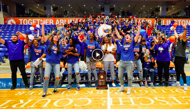 Lady Mavs basketball team cheers when hearing of their first game in NCAA tournament.