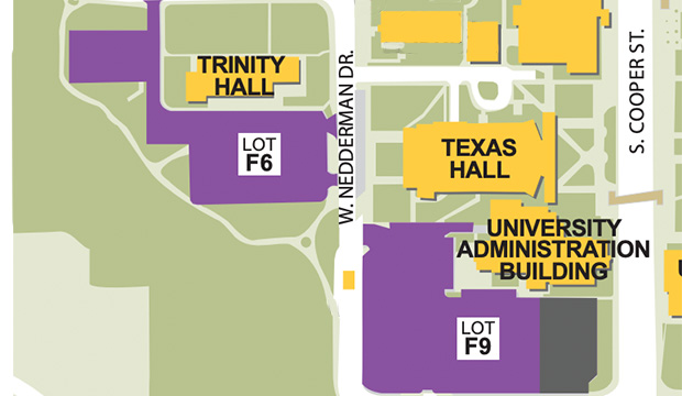 Map showing parking lots F6 and F9 by Texas Hall.