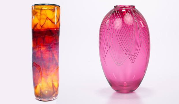 Two glass vases--one tall and thin; the other oval and pink—that are part of the annual Glass Art Sale.