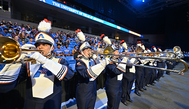 MavsMeet Convocation Fall 2021 with UTA Marching Band brass section