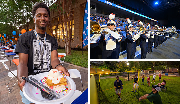 Photos of student with plate of waffles, the UTA Marching Band, and students playing volleyball on campus.