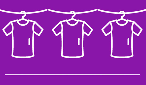 purple background with drawing in white of T-shirts on a clothesline.